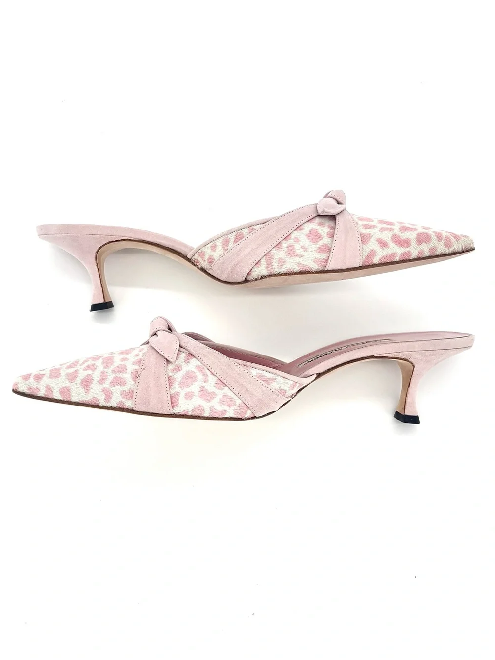 Manolo Blahnik Bow Pink Leopard Print Ponyhair Pointed Toe Kitten Heel Mules 41 - Picture 5 of 11